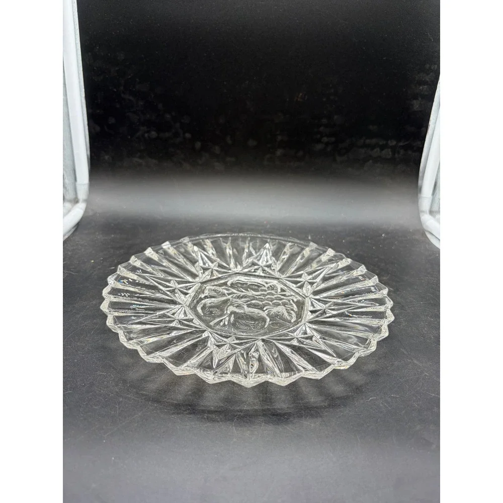 Vintage Pressed Clear Glass Fruit Medallion Plate Scalloped Starburst Edge 8in